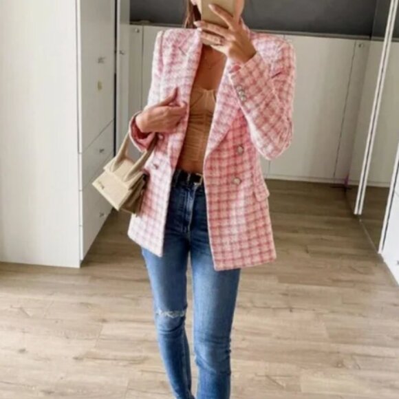 Gorgeous NEW Zara pink tweed blazer jacket | Zara work career blazer size XS - Picture 3 of 11
